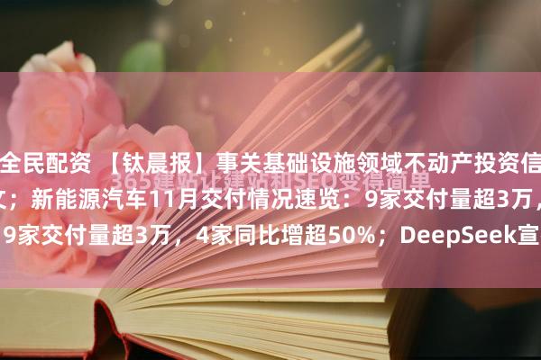 全民配资 【钛晨报】事关基础设施领域不动产投资信托基金，国家发改委发文；新能源汽车11月交付情况速览：9家交付量超3万，4家同比增超50%；DeepSeek宣布同...